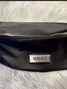 Versace Black Men's Belt Bag with Silver Logo Travel Pouch Fanny Pack w/Dustbag